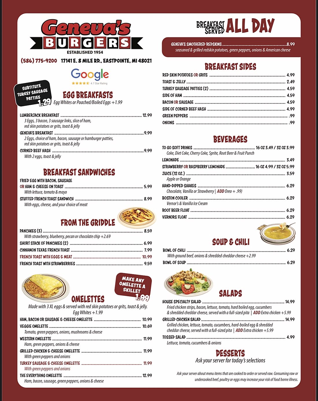 Geneva's printed menu board for breakfast served all day, omelettes, sides and beverages.